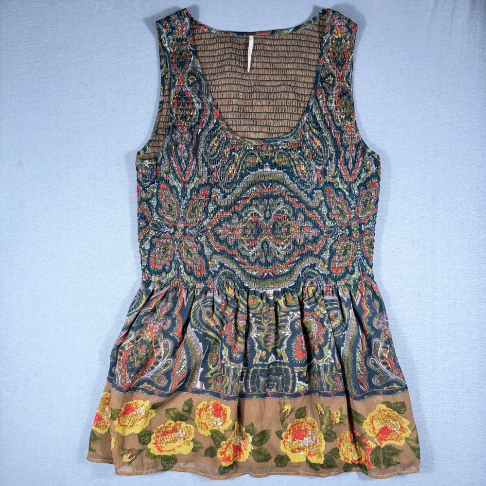 Free People Paisley Smocked‎ Peplum Tank Top Small Boho Floral Sleeveless Green